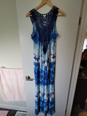 VENUS Blue and White Crochet-Top Maxi Dress